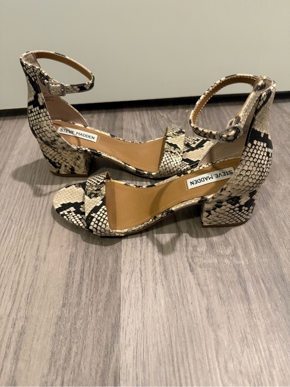 Steve Madden Snake-Print Ankle-Strap Block Heels in Beige and Black